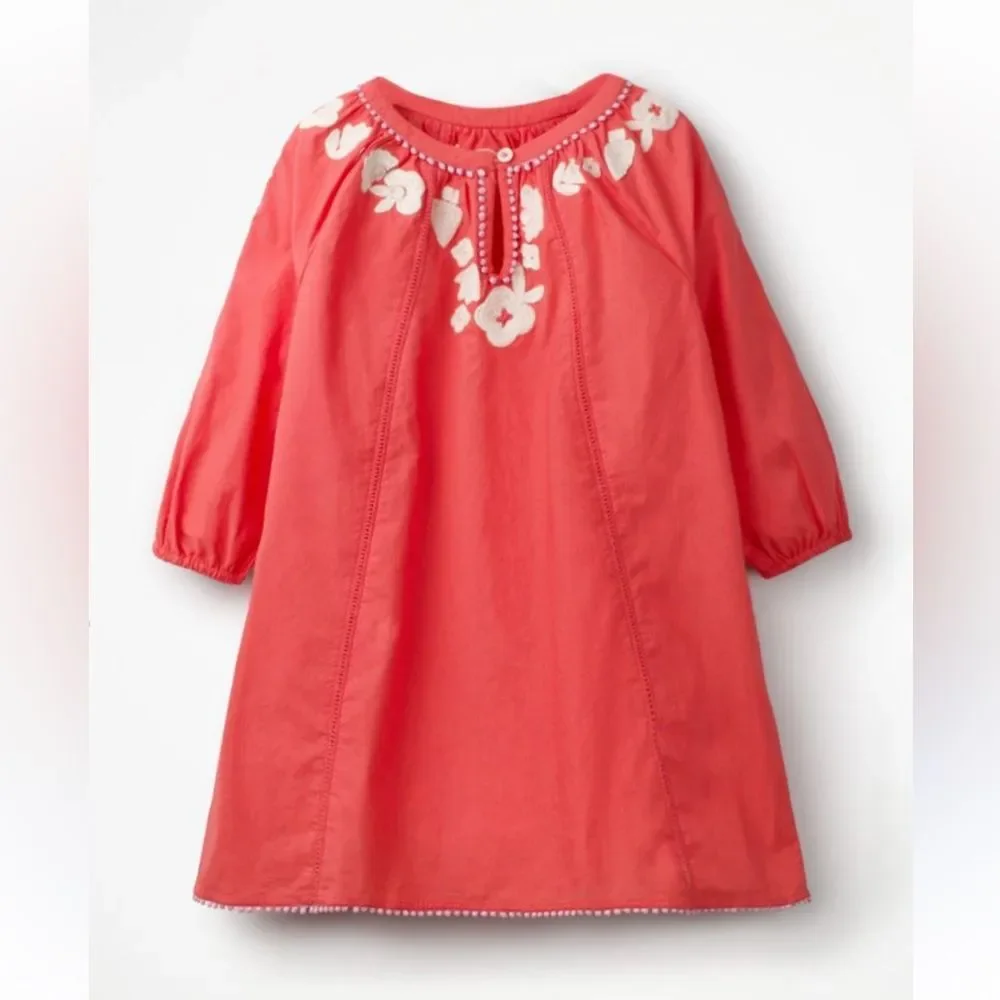 Boden mini girls Red/coral Embellished  embroidered Pom Pom 3/4 Sleeve dress 8/9